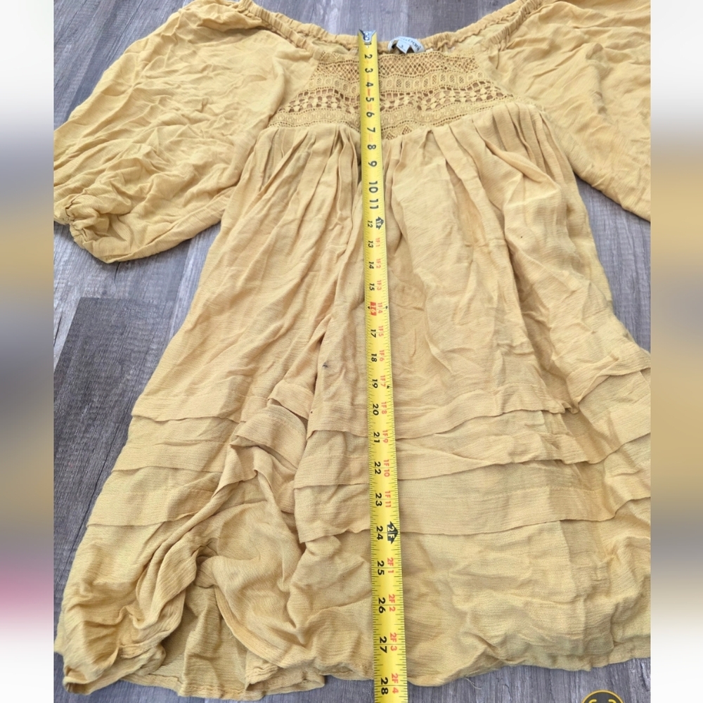 Festival Mustard Yellow Boho Peasant Dress Crochet Yoke Revolve Mini Puff Sleeve - Picture 4 of 5